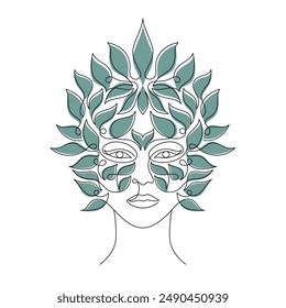 Image features a line drawing of a woman face with green leaves.