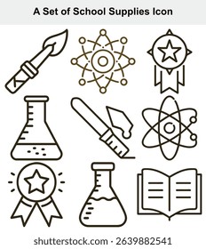 Image features linearly drawn school supplies icons against a white background, featuring paintbrush, molecules, awards, beakers, pipette, atom, and open book.