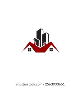 The image features a logo design that combines the shapes of a house and skyscrapers. The lower part of the logo represents a simple house with a pitched roof and windows