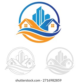 Das Bild zeigt ein Logo, das verschiedene Häuser und Gebäude umfasst. Es stellt Themen der Architektur und Wohnraum. Das Design wird wahrscheinlich für Branding-Zwecke in der Immobilien- oder Bauindustrie verwendet und durch grafische Elemente und Symbole in Verbindung mit Häusern und Gebäuden vermittelt.