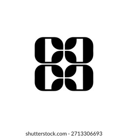 Das Bild zeigt ein minimalistisches, abstraktes Logo in Schwarz-Weiß. Es besteht aus vier identischen, abgerundeten quadratischen Formen, die in einem 2x2-Raster angeordnet sind. Innerhalb jedes Quadrats ist ein stilisiertes, symmetrisches Design