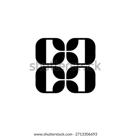 The image features a minimalist, abstract logo in black and white. It's composed of four identical, rounded square shapes arranged in a 2x2 grid. Within each square, a stylized, symmetrical design res