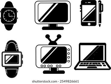 The image features minimalist black-and-white icons: a smartwatch, a modern TV, a phone with a stylus, a laptop, and a retro TV. Simple design, suitable for digital use
