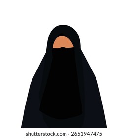 A imagem mostra uma ilustração minimalista de uma personagem feminina muçulmana usando um niqab. A personagem é retratada do peito para cima, com a maior parte de seu rosto coberto por um niqab preto. Só o olho dela