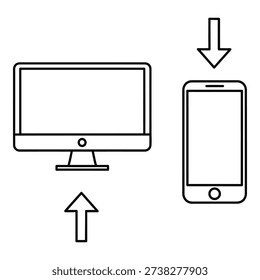 The image features a minimalist line drawing of a computer monitor connected to a smartphone through upward and downward arrows indicating data transfer or syncing between devices
