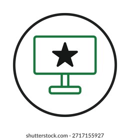 La Imagen presenta un ícono de pantalla minimalista con un símbolo de estrella, que transmite comunicación digital y tecnología. Su marco circular y diseño equilibrado crean un elemento visual moderno perfecto para