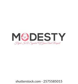 The image features a minimalistic and elegant design with the word "MODESTY" written in bold black capital letters. The "O" in "MODESTY" is creatively replaced with a circular icon depicting a smiling