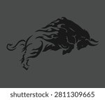 The image features a modern tribal-style graphic artwork or logo depicting the silhouette of a charging bull. The bull is depicted charging to the right, its head lowered, its horns sharply curved forward, and its legs and tail dynamically raised, as if in rapid motion. The uniqueness of this design lies in the bull