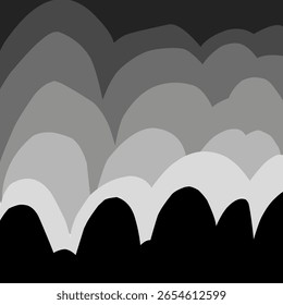 A imagem apresenta uma paisagem monocromática com camadas de colinas ou nuvens em vários tons de cinza, transitando do escuro para o claro, criando profundidade e uma atmosfera serena.