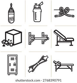 The image features nine black line icons on a pure white background, depicting various gym and fitness related objects, including a water bottle, dumbbell, rope, box with rocks, weight bench, safe, an