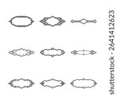 The image features nine distinct decorative frames, each rendered in black and white with a combination of geometric and curvilinear design elements.
