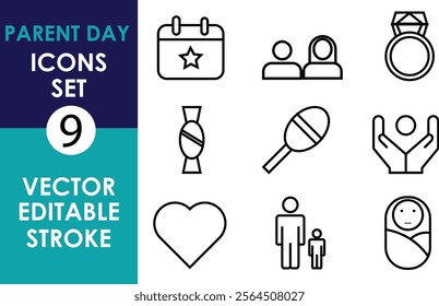 The image features nine parent day icons: calendar with star, family silhouette, diamond ring, candy, maraca, raised hands, heart, parent with child, and a swaddled baby face