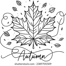 The image features a one-line drawing of an autumn leaf, rendered in a delicate and minimalistic style. At the center, the word 'Autumn' is elegantly written in a flowing script font, embodying the es
