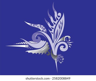 The image features an ornate design with intricate shapes and curves on a deep blue background. Central to the composition is a stylized floral or feather-like motif, characterized by swirling lines a