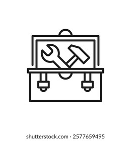 The image features an outline icon of a filled toolbox, symbolizing essential tools for construction tasks and representing the dynamic nature of the renovation and construction industry