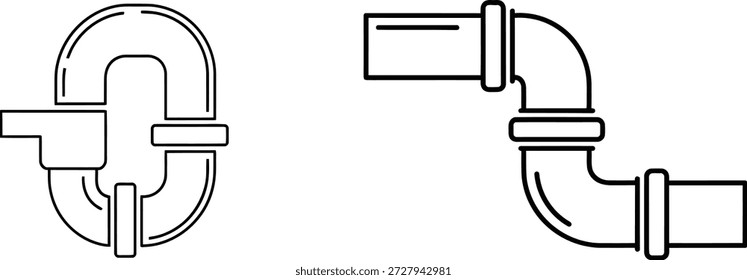 A imagem apresenta componentes de encanamento contornados contra um fundo branco. Inclui uma armadilha em P à esquerda e um tubo em forma de L, ambos com elementos de acoplamento à direita.