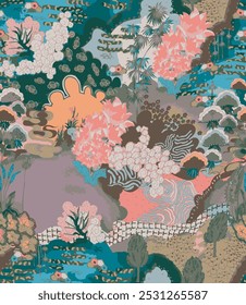 The image features a painting of a landscape, showcasing elements of nature. It likely includes vibrant flowers, as suggested by the tags, and may also include various pieces of clothing 