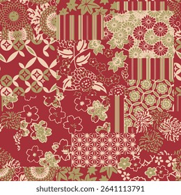 The image features a patchwork pattern composed of red and green colors. It could be seen in various contexts such as clothing, fabric design, or even wrapping paper. The pattern incorporates motifs.