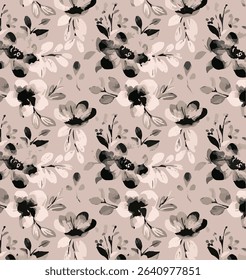 The image features a pattern composed of flowers and leaves. The design is presented in black and white, creating a striking contrast that highlights the intricate details of the floral elements.