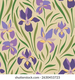 The image features a pattern consisting of purple flowers and green leaves. It showcases a floral motif that could be used for wrapping paper or fabric designs.