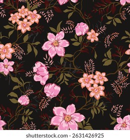 The image features a pattern of pink flowers and leaves set against a black background. The design includes various petals and floral elements, creating a striking contrast with the dark backdrop.
