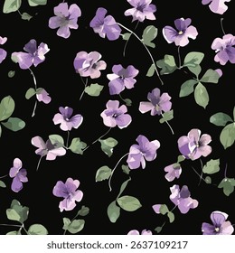 The image features a pattern of purple flowers interspersed with green leaves. It highlights the beauty of nature, showcasing vibrant violet petals surrounded by lush greenery.