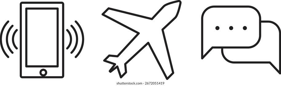 A imagem apresenta um telefone com ondas de sinal, um avião e balões de fala, tudo em um estilo simples de contorno preto.