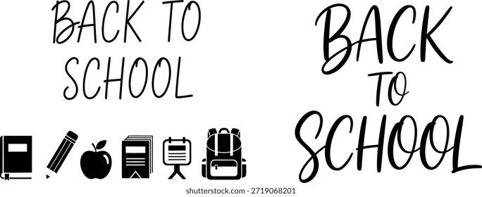 La Imagen presenta la frase 'BACK TO SCHOOL' renderizada en una fuente de escritura elegante y fluida. Las letras son negras y destacan de manera prominente sobre un fondo blanco nítido y liso, creando un diseño minimalista pero impactante. Este gráfico es perfecto para anunciar el inicio de un nuevo curso académico, Materiales promocionales para centros educativos, o para fines decorativos relacionados con el aprendizaje y la educación.