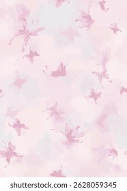 The image features a pink butterfly pattern set against a white background. This design incorporates floral elements, including lilac, and can be used for wrapping paper or fabric.