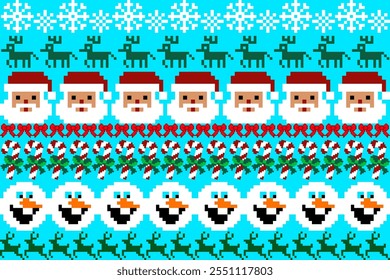 image features a pixel-art Christmas pattern with rows of Santa faces, snowmen, reindeer, candy canes, bows, and snowflakes on a bright blue background. Vector pixel art pattern for Christmas festival