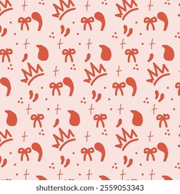 The image features a playful pattern with red crowns, bows, paisley shapes, and small dots on a light pink background. The whimsical design is both charming and visually engaging.