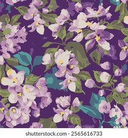 The image features a quilt with a background pattern that incorporates lilac flowers and petal designs. The predominant color is purple, highlighting the floral theme throughout the fabric.