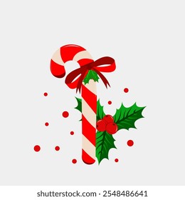 The image features a red and white striped candy cane tied with a red ribbon bow, symbolizing Christmas cheer. The candy cane is adorned with holly leaves and bright red berries, adding a festive touc