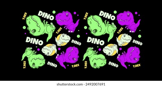 The image features a repeating pattern of cartoon T-Rex dinosaurs in various colors, including green, purple, and white, on a black background