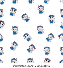 The image features a repeating pattern of cute cartoon cats, each with a slightly different facial expression or pose. The cats are white with blue clothing, including a blue cap and overalls. They ha