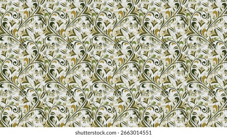 The image features a repeating pattern of green and gold swirling floral designs on a light gray background, creating an elegant, intricate texture.