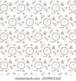 The image features a repeating pattern of holiday-themed elements, including clocks showing midnight, stars, Christmas trees, and sprigs of holly, all in a brown and white color scheme.