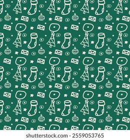 The image features a repeating pattern of holiday-themed icons on a green background. The icons include Christmas trees, stockings, ornaments, envelopes, and snowflakes, all in white.