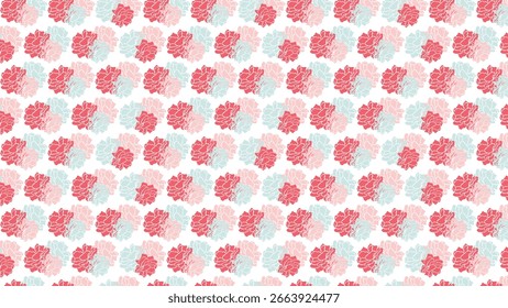 The image features a repeating pattern of pink, coral, and light blue floral shapes on a white background, creating a fresh and elegant design.