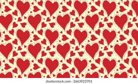 The image features a repeating pattern of red polka-dotted hearts with swirling accents on a pale yellow background, creating a cheerful design.