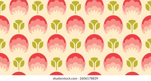 Image features a repeating pattern of stylized flowers on a light yellow background. The flowers are composed of three layers. Vector for print.