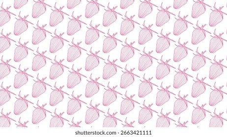 The image features a repeating pattern of stylized strawberries in pink on a white background. The detailed, heart-shaped design creates a vibrant and playful fruit-inspired motif.