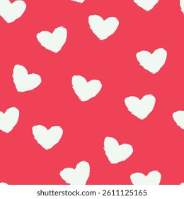 The image features a repeating pattern of white heart shapes against a vibrant red background. The hearts are stylized with a slightly rough, brushstroke-like texture.
