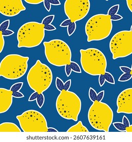 The image features a repeating pattern of yellow lemons with dark blue leaves. The lemons are stylized with a white outline and have small dark blue dots.