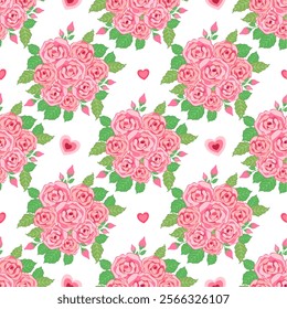 The image features a romantic floral pattern of pink roses with green leaves, interspersed with small pink hearts. It conveys a cheerful, love-themed design. Vector seamless pattern design