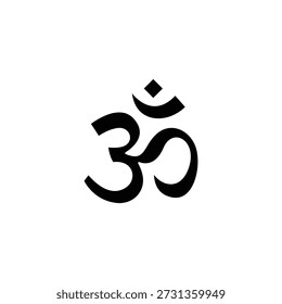 The image features the sacred Om symbol, a spiritual icon in Hinduism, Buddhism, and Jainism, rendered in black on a clean white background, representing universal sound and consciousness.