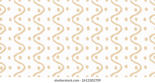 The image features a seamless pattern of beige wavy lines and circles on a white background. The wavy lines are arranged in vertical rows, with each line forming a gentle, undulating curve.