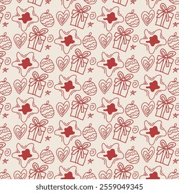 The image features a seamless pattern of holiday-themed elements, including stars, gift boxes, hearts, and ornaments, all in red outlines on a beige background. 