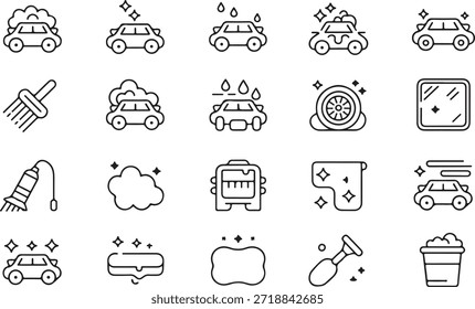 The image features a set of minimalistic car washing icons, including cars with soap bubbles, water drops, a washing sponge, and shining effects, all presented in a linear style with a transparent background.