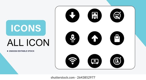 The image features a set of nine distinct icons, each displayed in a black circle on a white background.